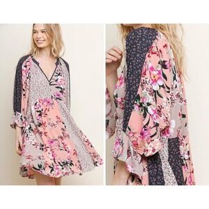 Umgee ruffle pink floral boho mini dress patchwork V-neck puff sleeve Sz S